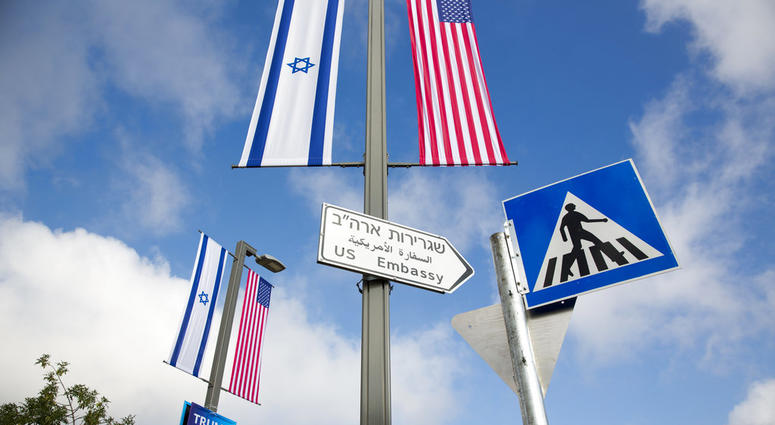 A road sign leading to the U.S. Embassy is seen ahead the official opening in Jerusalem. A road sign leading to the U.S. Embassy is seen ahead the official opening in Jerusalem.