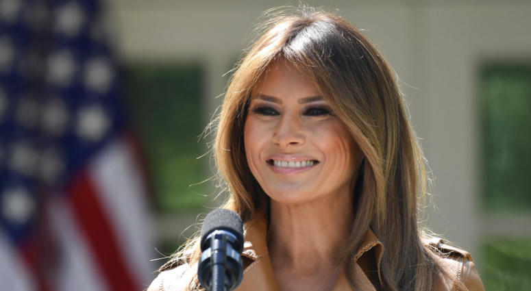 In this May 7, 2018 file photo, First lady Melania Trump speaks on her initiatives during an event in the Rose Garden of the White House in Washington. First Lady Melania Trump