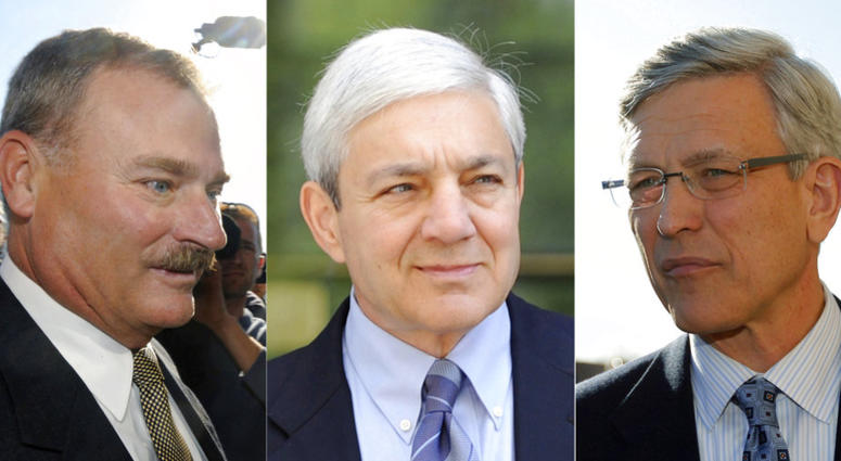 This file photo combination shows former Penn State vice president Gary Schultz, left, former Penn State athletic director Tim Curley, right, and former Penn State President Graham Spanier, center, in Harrisburg, Pa. This file photo combination shows former Penn State vice president Gary Schultz, left, former Penn State athletic director Tim Curley, right, and former Penn State President Graham Spanier, center, in Harrisburg, Pa.