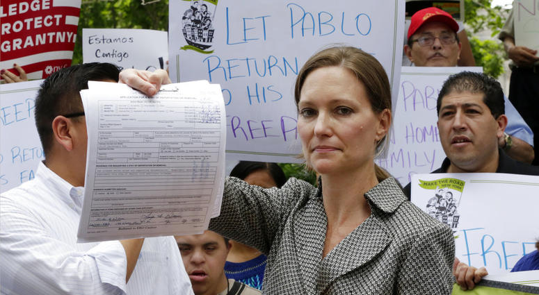Legal Aid Society lawyer Jennifer WIlliams, who represents Ecuadorean restaurant worker Pablo Villavicencio, shows the Application for Stay of Deportation or Removal she filed at the offices of the Immigration and Customs Enforcement. Legal Aid Society lawyer Jennifer WIlliams, who represents Ecuadorean restaurant worker Pablo Villavicencio, shows the Application for Stay of Deportation or Removal she filed at the offices of the Immigration and Customs Enforcement.