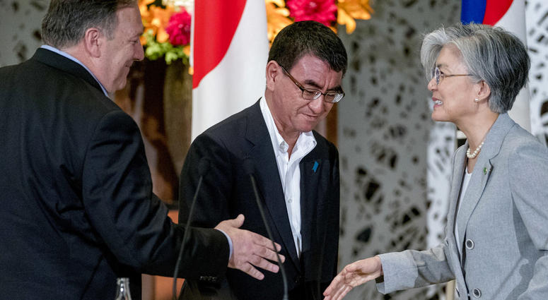 From left: U.S. Secretary of State Mike Pompeo, Japan's Foreign Minister Taro Kono, and South Korea's Foreign Minister Kang Kyung-wha speak with each other following a news conference at the Iikura Guest House in Tokyo, Japan. From left: U.S. Secretary of State Mike Pompeo, Japan's Foreign Minister Taro Kono, and South Korea's Foreign Minister Kang Kyung-wha speak with each other following a news conference at the Iikura Guest House in Tokyo, Japan.