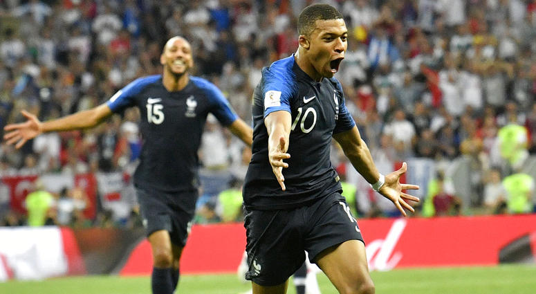 France's Kylian Mbappe celebrates after scoring his side's fourth goal during the final match between France and Croatia at the 2018 soccer World Cup. France's Kylian Mbappe celebrates after scoring his side's fourth goal during the final match between France and Croatia at the 2018 soccer World Cup.