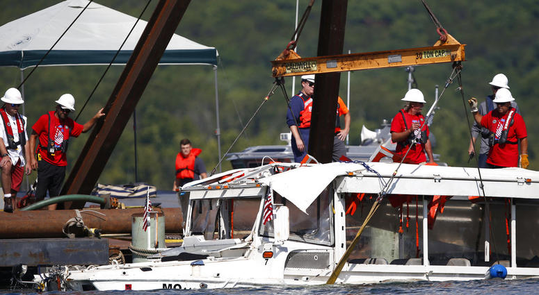 The duck boat that sank in Table Rock Lake in Branson, Mo., is raised Monday, July 23, 2018. The duck boat that sank in Table Rock Lake in Branson, Mo., is raised Monday, July 23, 2018.