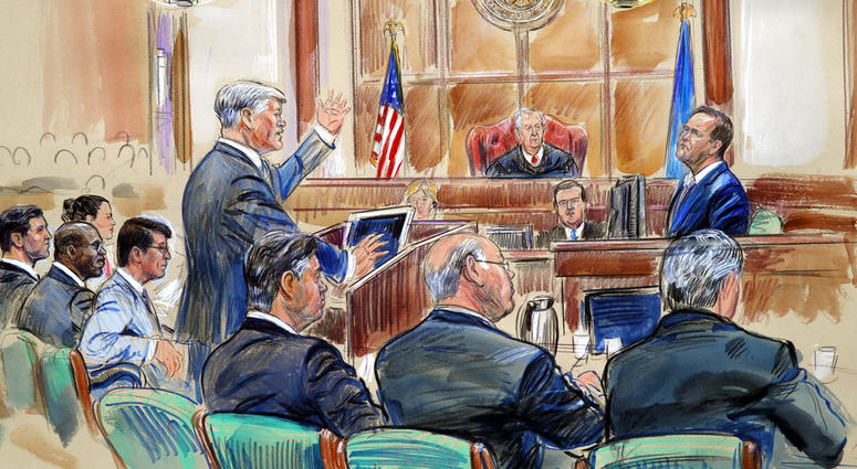 This courtroom sketch depicts defense lawyer Kevin Downing asking questions of Rick Gates, as former Donald Trump campaign chairman Paul Manafort, bottom front left, listens during Manafort's trial on bank fraud and tax evasion at federal court. This courtroom sketch depicts defense lawyer Kevin Downing asking questions of Rick Gates, as former Donald Trump campaign chairman Paul Manafort, bottom front left, listens during Manafort's trial on bank fraud and tax evasion at federal court.