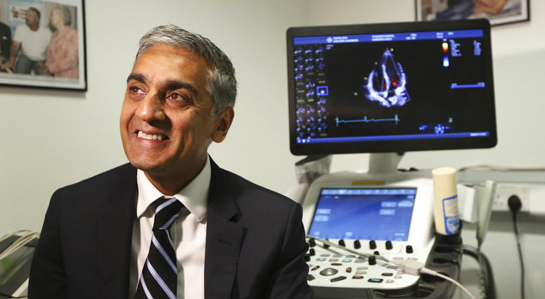 Dr. Sanjay Sharma, professor of cardiology at St. George's University of London, speaks during an interview on Wednesday Aug. 8, 2018 about a study he led which found procedures that can help identify athletes who are at risk for heart-problems. Dr. Sanjay Sharma, professor of cardiology at St. George's University of London, speaks during an interview on Wednesday Aug. 8, 2018 about a study he led which found procedures that can help identify athletes who are at risk for heart-problems.