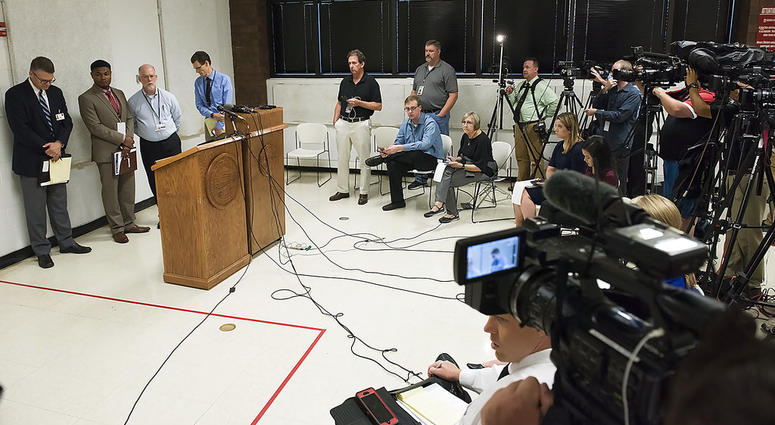 From left, media witnesses Joe Duggan of the Omaha World-Herald, Chip Matthews of News Channel Nebraska, Brent Martin of Nebraska Radio Network and Grant Schulte of The Associated Press answer questions after the execution of Carey Dean Moore. From left, media witnesses Joe Duggan of the Omaha World-Herald, Chip Matthews of News Channel Nebraska, Brent Martin of Nebraska Radio Network and Grant Schulte of The Associated Press answer questions after the execution of Carey Dean Moore.