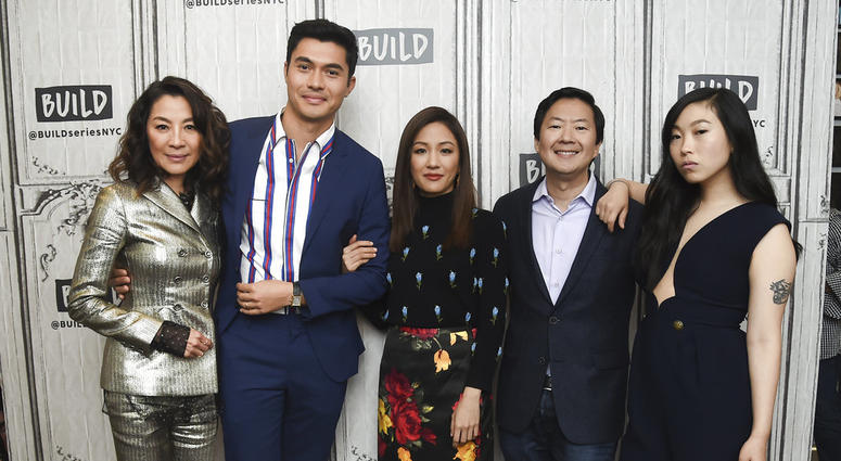 In this Aug. 14, 2018, file photo, Actors Michelle Yeoh, from left, Henry Golding, Constance Wu, Ken Jeong and Awkwafina participate in the BUILD Speaker Series to discuss the film "Crazy Rich Asians" at AOL Studios in New York. In this Aug. 14, 2018, file photo, Actors Michelle Yeoh, from left, Henry Golding, Constance Wu, Ken Jeong and Awkwafina participate in the BUILD Speaker Series to discuss the film "Crazy Rich Asians" at AOL Studios in New York.