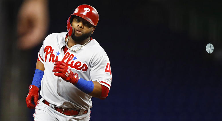Philadelphia Phillies' Carlos Santana rounds third after hitting a solo home run during the first inning of a baseball game against the Miami Marlins, Tuesday, Sept. 4, 2018, in Miami. Philadelphia Phillies' Carlos Santana rounds third after hitting a solo home run during the first inning of a baseball game against the Miami Marlins, Tuesday, Sept. 4, 2018, in Miami.