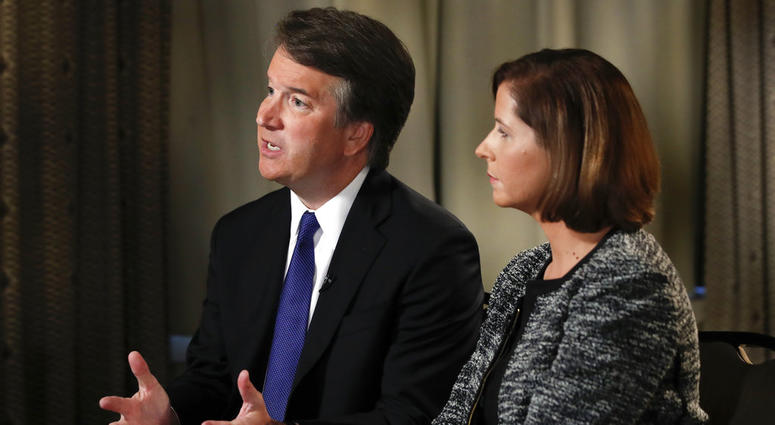 Brett Kavanaugh, with his wife Ashley Estes Kavanaugh, answers questions during a FOX News interview, Monday, Sept. 24, 2018, in Washington, about allegations of sexual misconduct against the Supreme Court nominee Brett Kavanaugh, with his wife Ashley Estes Kavanaugh, answers questions during a FOX News interview, Monday, Sept. 24, 2018, in Washington, about allegations of sexual misconduct against the Supreme Court nominee