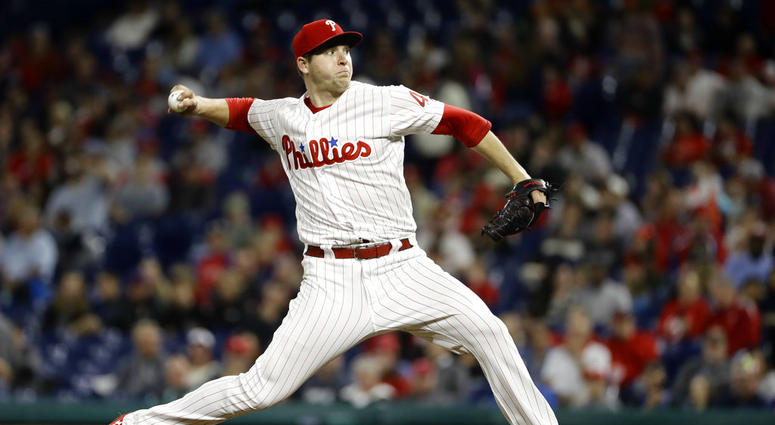 Philadelphia Phillies' Jerad Eickhoff pitches during the third inning of the team's baseball game against the Atlanta Braves, Friday, Sept. 28, 2018, in Philadelphia. Jerad Eickhoff