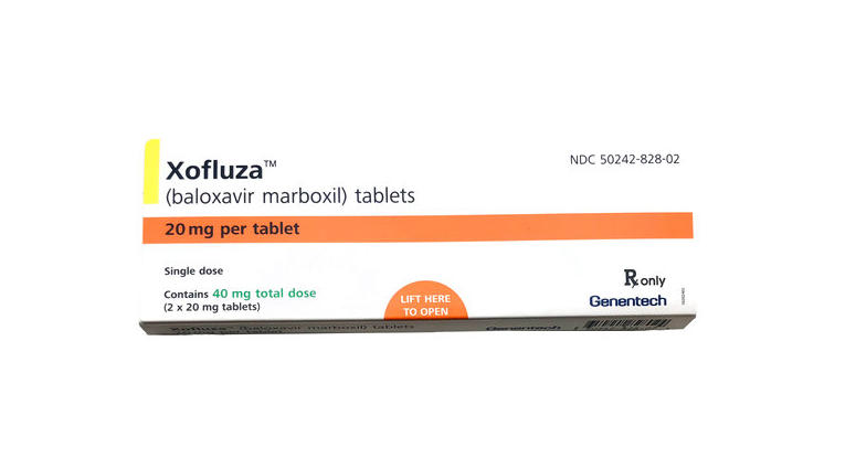 This undated product image provided by Genentech shows a box for Xofluza, a pill for shortening the duration and easing symptoms of the flu. Xofluza