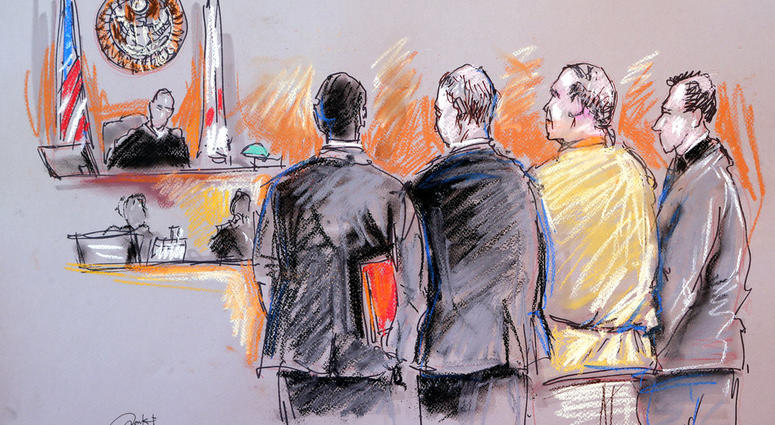 In this courtroom sketch, Cesar Sayoc, second from right, appears in federal court, Monday, Oct. 29, 2018, in Miami. Cesar Sayoc appears in court.