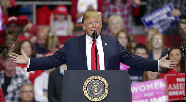 President Donald Trump speaks at a campaign rally at the Allen County War Memorial Coliseum in Fort Wayne, Ind., Monday, Nov. 5, 2018. President Donald Trump speaks at a campaign rally at the Allen County War Memorial Coliseum in Fort Wayne, Ind., Monday, Nov. 5, 2018.