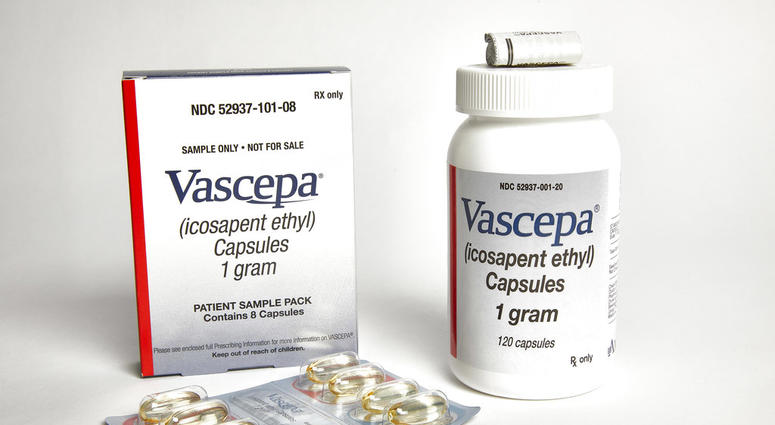This undated photo provided by Amarin in November 2018 shows capsules and packaging for the purified, prescription fish oil Vascepa. Vitamin D