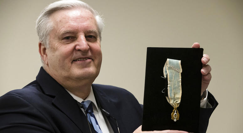 Displayed is Alexander Hamilton's Society of the Cincinnati Eagle insignia by Douglas Hamilton, his fifth great-grandson, at the Museum of the American Revolution in Philadelphia, Monday, Nov. 12, 2018. Displayed is Alexander Hamilton's Society of the Cincinnati Eagle insignia by Douglas Hamilton, his fifth great-grandson, at the Museum of the American Revolution in Philadelphia, Monday, Nov. 12, 2018.