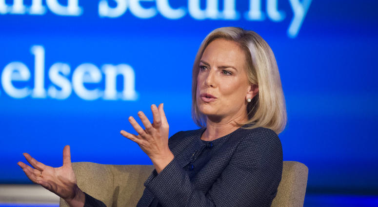 Secretary of Homeland Security Kirstjen Nielsen speaks to George Washington University's Center for Cyber and Homeland Security on Sept. 5, 2018. Kirstjen Nielsen