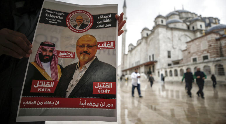 A man holds a poster showing images of Saudi Crown Prince Muhammed bin Salman and of journalist writer Jamal Khashoggi. Jamal Khashoggi
