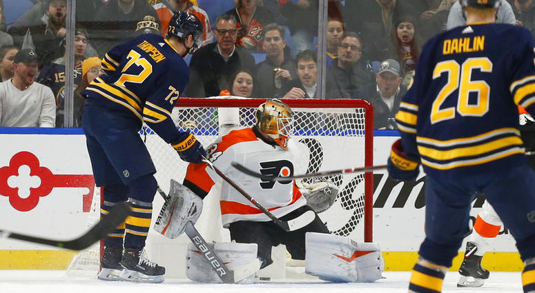 Buffalo Sabres forward Tage Thompson (72) puts the puck past Philadelphia Flyers goalie Alex Lyon (34) during the first period of an NHL hockey game, Wednesday, Nov. 21, 2018, in Buffalo N.Y. flyers