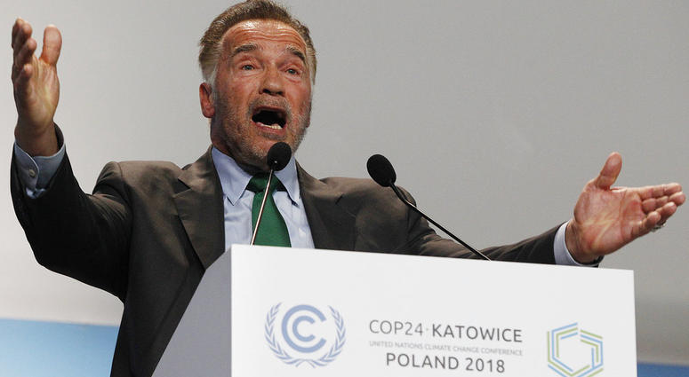Actor Arnold Schwarzenegger delivers a speech during the opening of COP24 UN Climate Change Conference 2018 in Katowice, Poland, Monday, Dec. 3, 2018. Actor Arnold Schwarzenegger delivers a speech during the opening of COP24 UN Climate Change Conference 2018 in Katowice, Poland, Monday, Dec. 3, 2018.