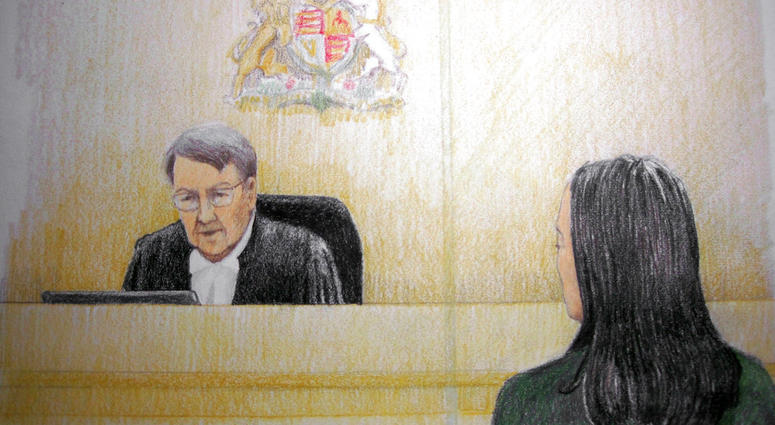 In this courtroom sketch, Meng Wanzhou, right, the chief financial officer of Huawei Technologies, listens to the judge during a bail hearing at B.C. Supreme Court in Vancouver, British Columbia, on Tuesday, Dec. 11, 2018. In this courtroom sketch, Meng Wanzhou, right, the chief financial officer of Huawei Technologies, listens to the judge during a bail hearing at B.C. Supreme Court in Vancouver, British Columbia, on Tuesday, Dec. 11, 2018.
