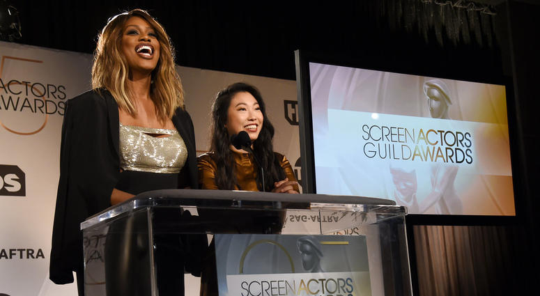 Presenters Laverne Cox, left, and Awkwafina announce nominations for the 25th annual Screen Actors Guild Awards at the Pacific Design Center on Wednesday, Dec. 12, 2018, in West Hollywood, Calif. Presenters Laverne Cox, left, and Awkwafina announce nominations for the 25th annual Screen Actors Guild Awards at the Pacific Design Center on Wednesday, Dec. 12, 2018, in West Hollywood, Calif.