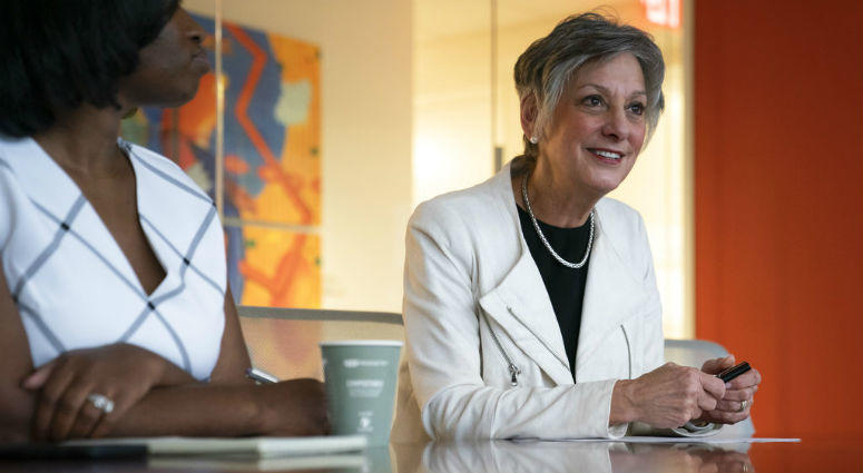 Allyson Schwartz, president of Better Medicare Alliance, joined by director of communications Adjoa Adofo, speaks during an Interview with the Associated Press in Washington, Wednesday, Dec. 12, 2018. Allyson Schwartz, president of Better Medicare Alliance, joined by director of communications Adjoa Adofo, speaks during an Interview with the Associated Press in Washington, Wednesday, Dec. 12, 2018.