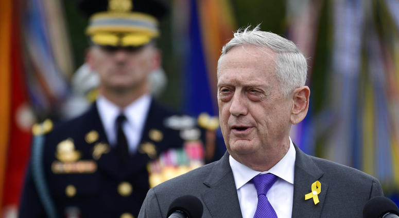 FILE - In this Sept. 21, 2018, file photo, Defense Secretary Jim Mattis speaks during the 2018 POW/MIA National Recognition Day Ceremony at the Pentagon in Washington. FILE - In this Sept. 21, 2018, file photo, Defense Secretary Jim Mattis speaks during the 2018 POW/MIA National Recognition Day Ceremony at the Pentagon in Washington.
