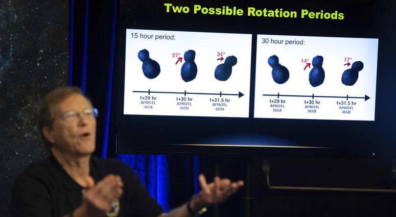 New Horizons project scientist Hal Weaver, of the Johns Hopkins University Applied Physics Laboratory, speaks about new data received from the New Horizons spacecraft during a press conference, Jan. 1, 2019. New Horizons project scientist Hal Weaver