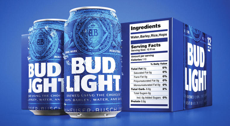 A new nutrition label by Bud Light. Starting next month, packages of Bud Light will have prominent labels showing the beer’s ingredients and calories as well as the amount of fat, carbohydrates and protein in a serving. Bud Light nutrition label