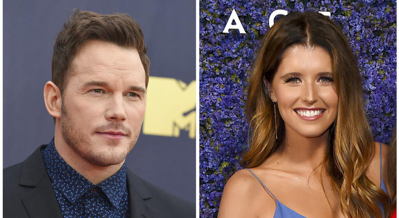 This combination of file photos shows Chris Pratt at the MTV Movie and TV Awards on June 16, 2018, in Santa Monica, Calif., left, and Katherine Schwarzenegger at Caruso's Palisades Village opening gala on Sept. 20, 2018, in Los Angeles, right. Chris Pratt and Katherine Schwarzenegger