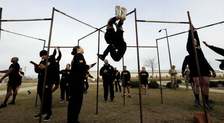In this Jan. 8, 2019, photo, U.S Army troops training to serve as instructors participate in the new Army combat fitness test at the 108th Air Defense Artillery Brigade compound at Fort Bragg, N.C. In this Jan. 8, 2019, photo, U.S Army troops training to serve as instructors participate in the new Army combat fitness test at the 108th Air Defense Artillery Brigade compound at Fort Bragg, N.C.