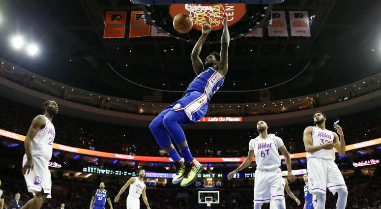 Philadelphia 76ers' Joel Embiid, center, hangs on the rim after a dunk during the first half of an NBA basketball game against the Minnesota Timberwolves, Tuesday, Jan. 15, 2019, in Philadelphia. Philadelphia 76ers' Joel Embiid, center, hangs on the rim after a dunk during the first half of an NBA basketball game against the Minnesota Timberwolves, Tuesday, Jan. 15, 2019, in Philadelphia.