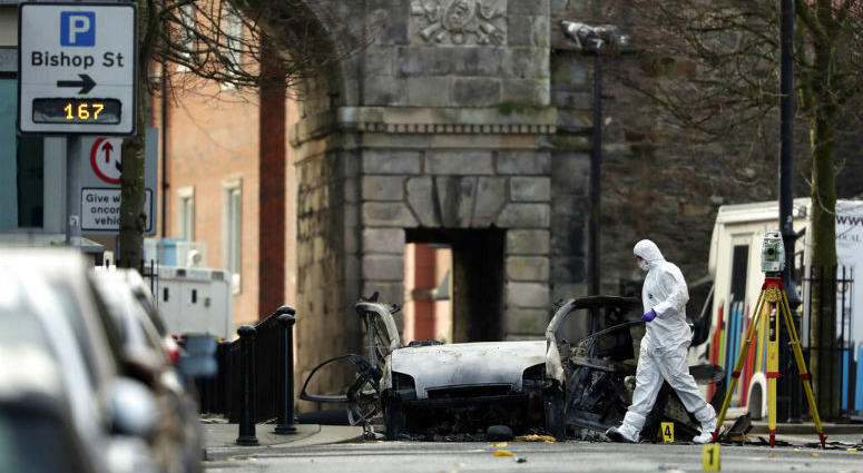 Forensic investigators at the scene of a car bomb blast on Bishop Street in Londonderry, Northern Ireland, Sunday, Jan. 20, 2019. Forensic investigators at the scene of a car bomb blast on Bishop Street in Londonderry, Northern Ireland, Sunday, Jan. 20, 2019.
