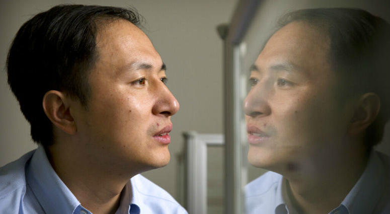 FILE - In this Oct. 10, 2018, file photo, He Jiankui is reflected in a glass panel as he works at a computer at a laboratory in Shenzhen in southern China's Guangdong province. FILE - In this Oct. 10, 2018, file photo, He Jiankui is reflected in a glass panel as he works at a computer at a laboratory in Shenzhen in southern China's Guangdong province.