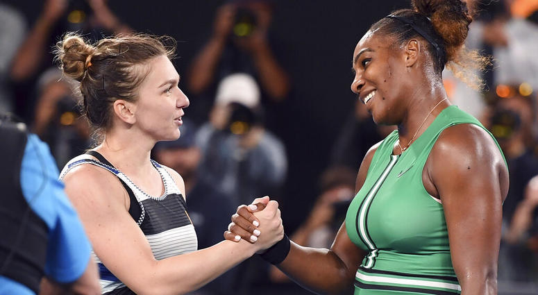 United States' Serena Williams, right, is congratulated by Romania's Simona Halep after winning their fourth round match at the Australian Open tennis championships in Melbourne, Australia, Monday, Jan. 21, 2019. United States' Serena Williams, right, is congratulated by Romania's Simona Halep after winning their fourth round match at the Australian Open tennis championships in Melbourne, Australia, Monday, Jan. 21, 2019.