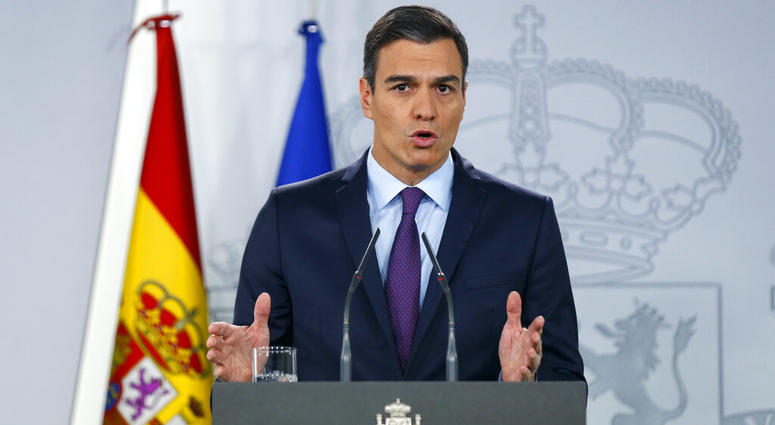 Spain's Prime Minister Pedro Sanchez delivers a statement at the Moncloa Palace in Madrid, Spain, Monday, Feb. 4, 2019. Spain's Prime Minister Pedro Sanchez delivers a statement.