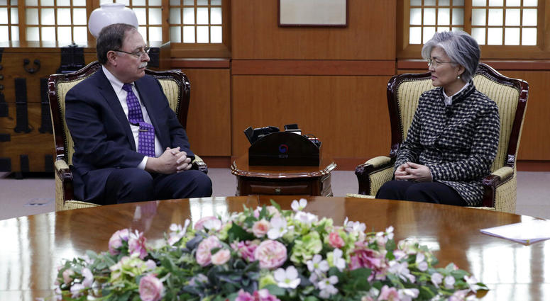 South Korean Foreign Minister Kang Kyung-wha, right, and Timothy Betts, acting deputy assistant secretary and senior advisor for Security Negotiations and Agreements in the U.S. Department of State, talk during their meeting at Foreign Ministry in Seoul, South Korean Foreign Minister Kang Kyung-wha, right, and Timothy Betts, acting deputy assistant secretary and senior advisor for Security Negotiations and Agreements in the U.S. Department of State, talk during their meeting at Foreign Ministry in Seoul,