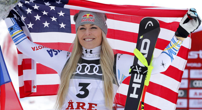 Bronze medalist United States' Lindsey Vonn celebrates after the women's downhill race, at the alpine ski World Championships in Are, Sweden, Sunday, Feb. 10, 2019. Bronze medalist United States' Lindsey Vonn celebrates after the women's downhill race, at the alpine ski World Championships in Are, Sweden, Sunday, Feb. 10, 2019.