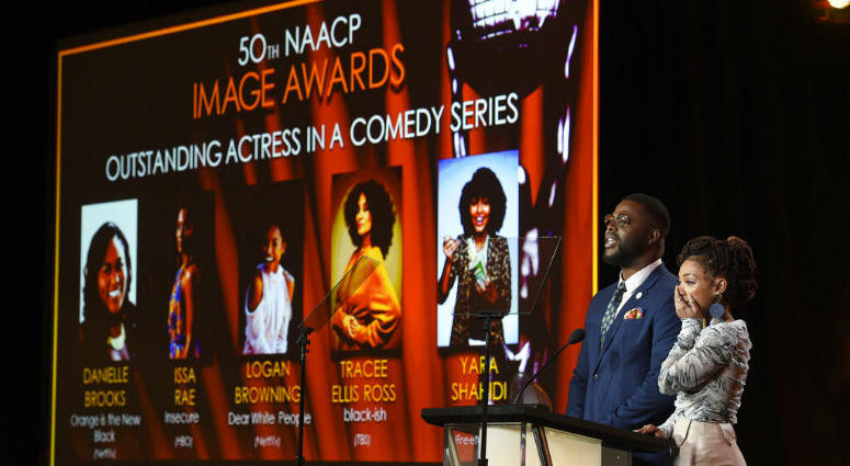 Logan Browning, right, reacts as Winston Duke announces her as a nominee for the 50th annual NAACP Image Awards during TV One's Winter Television Critics Association Press Tour on Wednesday, Feb. 13, 2019, in Pasadena, Calif. Logan Browning, right, reacts as Winston Duke announces her as a nominee for the 50th annual NAACP Image Awards during TV One's Winter Television Critics Association Press Tour on Wednesday, Feb. 13, 2019, in Pasadena, Calif.