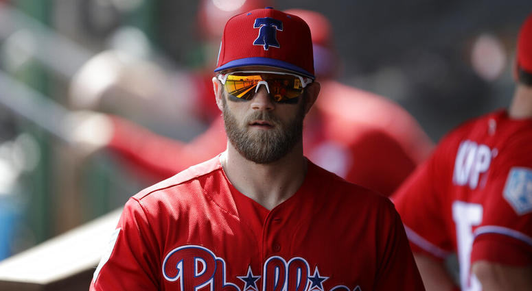 In this March 9, 2019 file photo Philadelphia Phillies' Bryce Harper waits his turn in the batting cage before a spring training baseball game against the Toronto Blue Jays in Clearwater, Fla. Bryce Harper