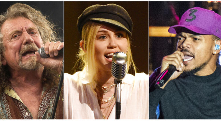 This combination photo shows, from left, Robert Plant, Miley Cyrus and Chance the Rapper, who will perform one of the 50th anniversary shows commemorating the Woodstock festival which will take place Aug. 16-18 in Watkins Glen, N.Y. Robert Plant, Miley Cyrus and Chance the Rapper