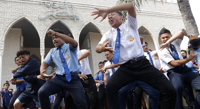 Students from Punchbowl Boys High School perform the New Zealand Maori tradition dance called a haka after Friday prayers at Imam Ali bin Abi Taleb Mosque in Sydney, Australia, Friday, March 22, 2019. New Zealand Maori tradition dance haka