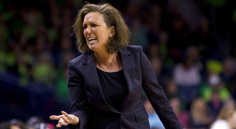 In this Feb. 3, 2019, file photo, Georgia Tech head coach MaChelle Joseph yells to her bench during an NCAA college basketball game against Notre Dame, in South Bend, Ind. Georgia Tech head coach MaChelle Joseph