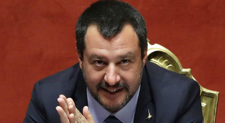 FILE - In this file photo dated Wednesday, March 20, 2019, Italian Interior Minister Matteo Salvini at the Italian Senate, in Rome. Migrants hijacked a cargo ship in Libyan waters on Wednesday March 27, 2019, and have forced the crew to reroute the vessel north toward Europe.