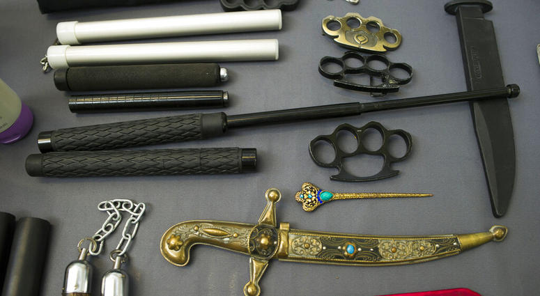 Items, prohibited on passenger airlines, and confiscated from passengers by Transportation Security Administration (TSA) officers, is displayed at Dulles International Airport in Dulles, Va., Tuesday, March 26, 2019. Items, prohibited on passenger airlines, and confiscated from passengers by TSA officers.