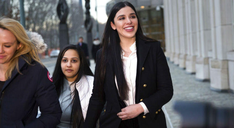 FILE - In this Jan. 17, 2019 file photo, Emma Coronel Aispuro leaves Brooklyn federal court, in New York, after attending the trial of her husband Joaquin "El Chapo" Guzman. The convicted drug lord and his wife have stylish future plans: Creating clothing with the brand name "El Chapo."