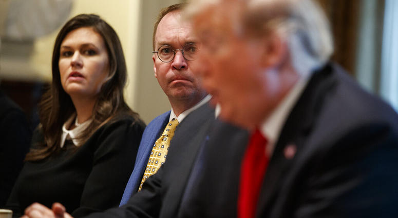 White House press secretary Sarah Sanders and acting White House Chief of Staff Mick Mulvaney listen as President Donald Trump speaks during a meeting with NATO Secretary General Jens Stoltenberg in the Cabinet Room of the White House, Tuesday, April 2, 2 White House press secretary Sarah Sanders and acting White House Chief of Staff Mick Mulvaney listen as President Donald Trump speaks during a meeting with NATO Secretary General Jens Stoltenberg in the Cabinet Room of the White House.