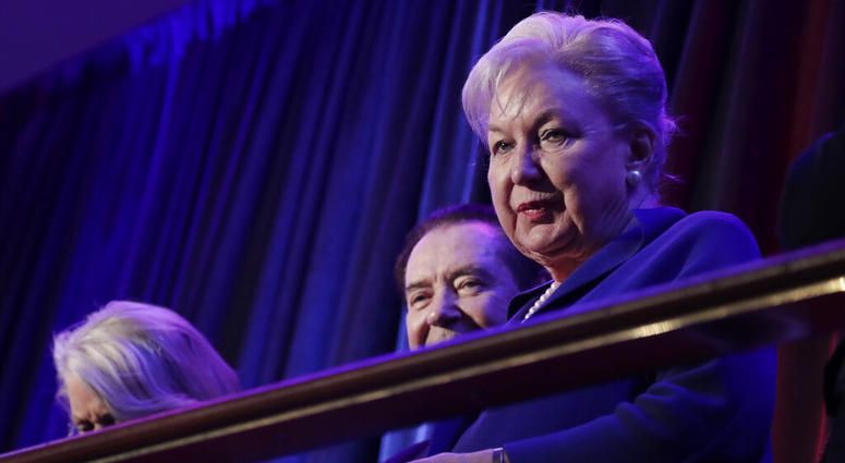 In this Nov. 9, 2016 file photo, federal judge Maryanne Trump Barry, sister of Donald Trump, sits in the balcony during Trump's election night rally in New York. Maryanne Trump Barry
