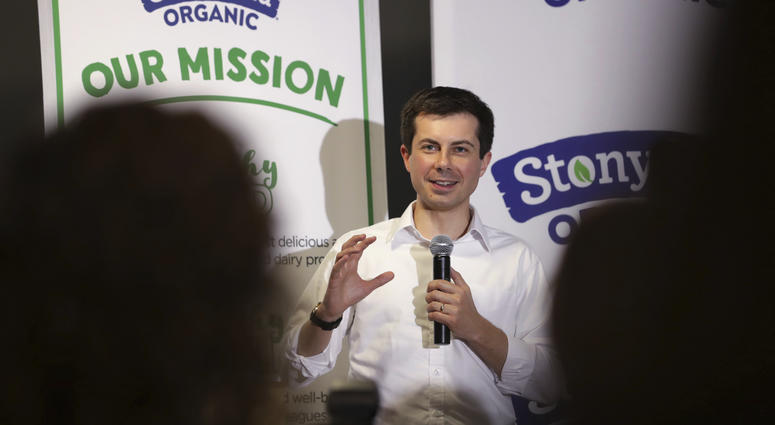 In this April 19, 2019, photo, Democratic presidential candidate South Bend Mayor Pete Buttigieg answers questions from employees during a campaign stop at a dairy company in Londonderry, N.H. Pete Buttigieg