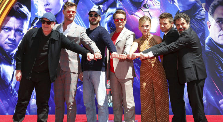 Marvel Studios Pres. Kevin Feige, from left, poses with members of the "Avengers: End Game," cast Chris Hemsworth, Chris Evans, Robert Downey Jr., Scarlett Johansson, Jeremy Renner and Mark Ruffalo at a hand and footprint ceremony at TCL Chinese Theatre. Marvel Studios Pres. Kevin Feige, from left, poses with members of the "Avengers: End Game," cast Chris Hemsworth, Chris Evans, Robert Downey Jr., Scarlett Johansson, Jeremy Renner and Mark Ruffalo at a hand and footprint ceremony at TCL Chinese Theatre.